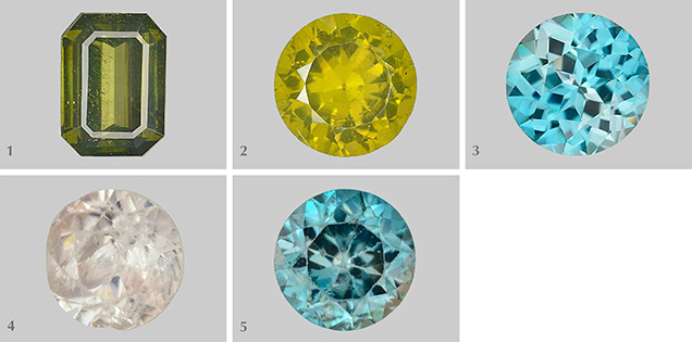 SU15-LN-Figure-25-Comp-636x315.jpg. Five zircon samples studied for radioactive degradation of crystal structure.