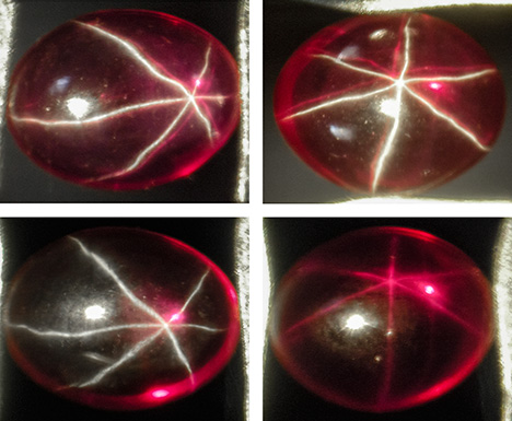 Synthetic ruby with a white star and a red-purple star, before and after grinding and repolishing Synthetic ruby with a white star and a red-purple star, before and after grinding and repolishing