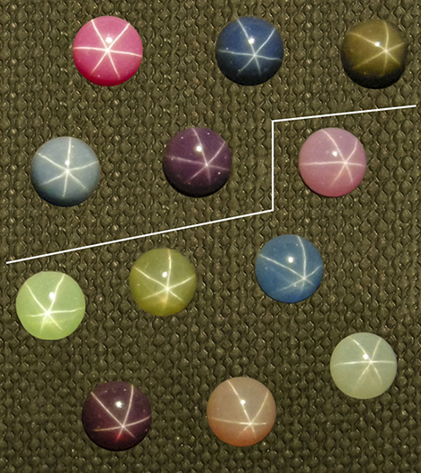 Collection of Linde synthetic rubies and sapphires purchased in the 1970s, each showing a white six-rayed star Collection of Linde synthetic rubies and sapphires purchased in the 1970s, each showing a white six-rayed star