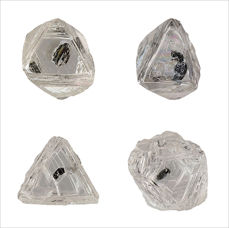 Dark inclusions in Diavik diamonds. Figure 25. Several of the Diavik diamonds exhibited dark inclusions, presumably sulfide minerals. Photos by Jian Xin (Jae) Liao.