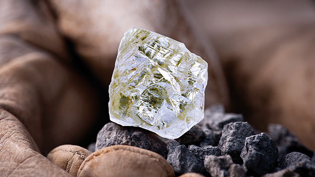 Diavik Foxfire rough diamond. The 187.7 ct “Diavik Foxfire,” discovered in spring 2015, is the largest gem-quality rough diamond found to date at the mine. Photo courtesy of Rio Tinto Diamonds.
