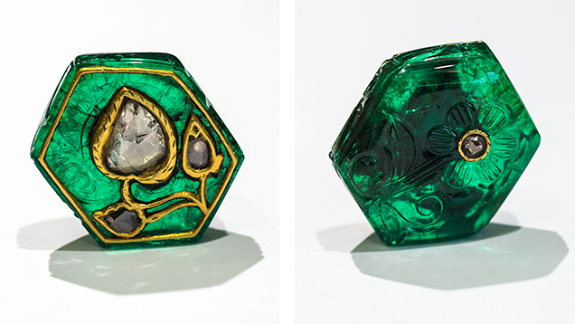 Front and back views of a Mughal emerald Front and back views of a Mughal emerald
