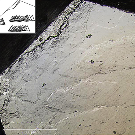Pits and lines on the HPHT synthetic’s surface, along with a growth structure simulation.