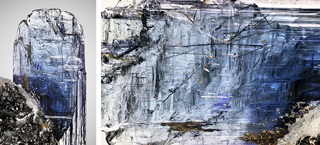 A merelaniite-included tanzanite crystal on a calcite and graphite matrix. A merelaniite-included tanzanite crystal on a calcite and graphite matrix.