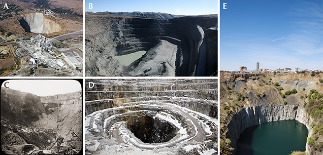 Figure 1. Open-pit diamond mines in kimberlite rock. Mining operations remove as much kimberlite as possible and leave deep pits that outline the shape of a “kimberlite pipe.” A: The Cullinan mine started as an open-pit operation and transitioned to underground mining in 1946. Photo by DeAgostini/Getty Images. B: Active mining in one of the kimberlite pipes at the Letšeng mine. Photo by Karen Smit/GIA. C: The Kimberley mine “Big Hole,” where mining was completed in 1914. Photo by The Print Collector/Getty Images. D: The bottom of the open pit in the Diavik mine. Photo by Ben Nelms/Bloomberg via Getty Images. E: The “Big Hole” of the Kimberley mine today. Photo by Karen Smit/GIA.