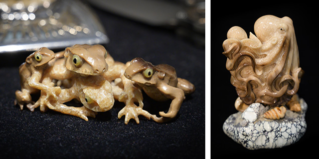 Frog and octopus carvings crafted from fossil walrus ivory. Frog and octopus carvings crafted from fossil walrus ivory.