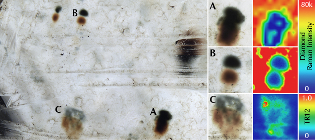 Several radiation stains in the 4.05 ct diamond and details of their PL mapping. Several radiation stains in the 4.05 ct diamond and details of their PL mapping.