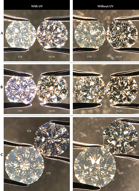 Diamonds with different UV intensities imaged under microscope darkfield illumination Diamonds with different UV intensities imaged under microscope darkfield illumination