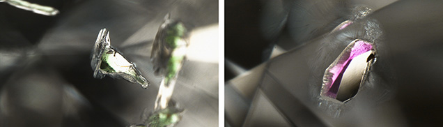 Green diopside (left) and purplish pink pyrope garnet (right) inclusions in diamond. Green diopside (left) and purplish pink pyrope garnet (right) inclusions in diamond.