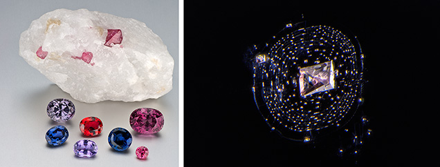 Spinel forms where magnesium-rich dolomite is present (left); dolomite-filled negative crystal inclusion (right). Spinel forms where magnesium-rich dolomite is present (left); dolomite-filled negative crystal inclusion (right).