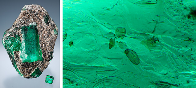 Emerald from mica-rich schist (left); dark mica platelet inclusions (right). Emerald from mica-rich schist (left); dark mica platelet inclusions (right).