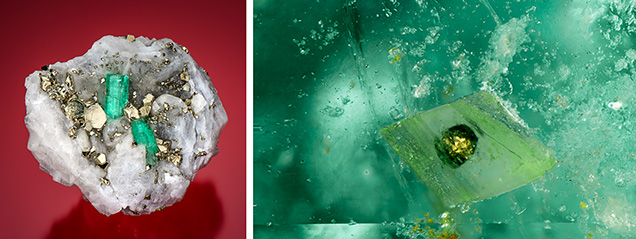 Colombian emerald on matrix (left); carbonate inclusion in Colombian emerald (right). Colombian emerald on matrix (left); carbonate inclusion in Colombian emerald (right).