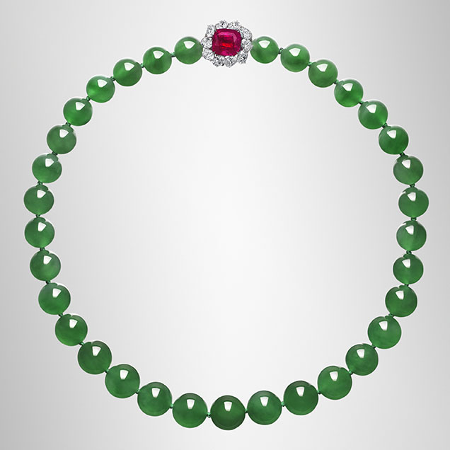 Thirty-three jadeite beads are featured in this necklace sold by Christie’s.