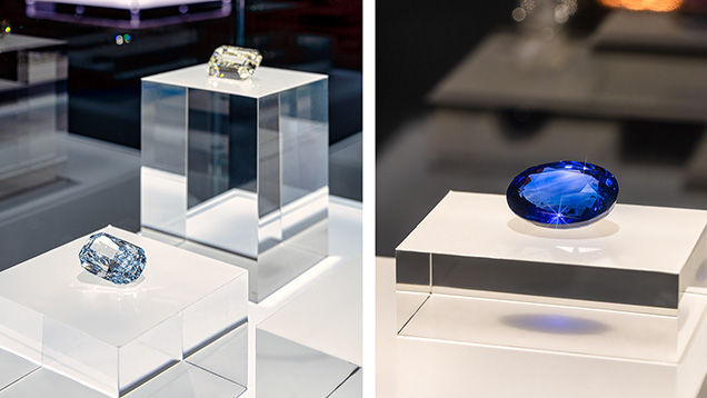 The 46.39 ct Fancy blue Celeste and 100.92 ct colorless diamonds (left) and 108.03 ct blue sapphire from Sri Lanka (right) on display at the Brilliance exhibit.