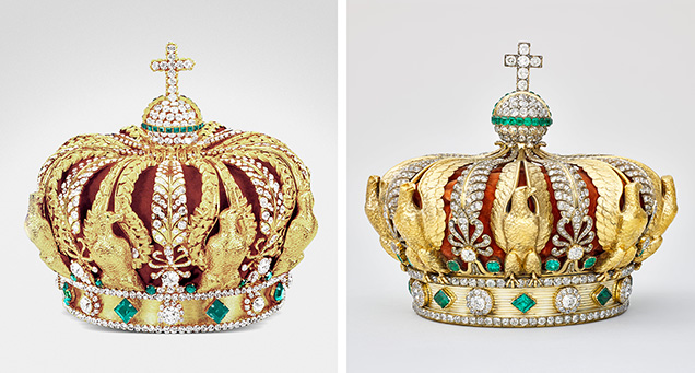Reproduction of Napoleon III’s crown (left) and Empress Eugénie’s crown (right). Reproduction of Napoleon III’s crown (left) and Empress Eugénie’s crown (right).