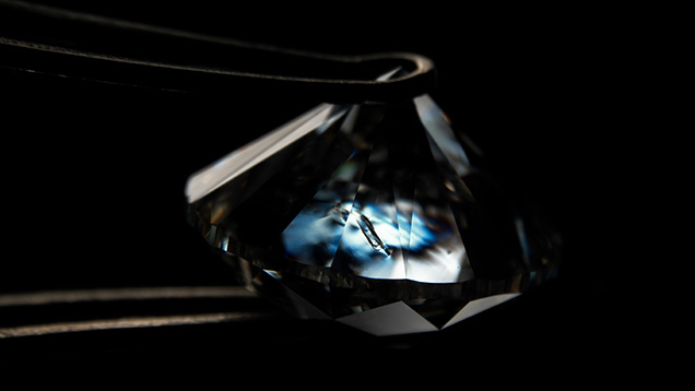 Cross-polarized light reveals strain between the host diamond and the diamond inclusion. Cross-polarized light reveals strain between the host diamond and the diamond inclusion.