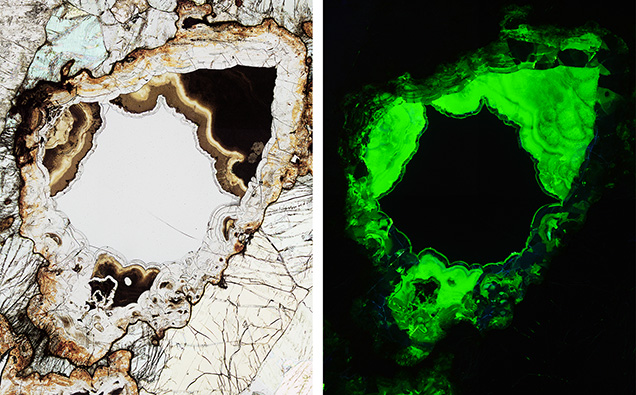 Strongly altered ekanite nodule in plane-polarized transmitted light (left) and photoluminescence (right). Strongly altered ekanite nodule in plane-polarized transmitted light (left) and photoluminescence (right).