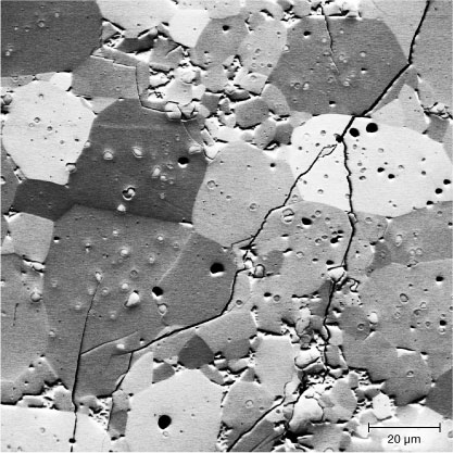 FSE image of ekanite showing predominantly crystal-orientation contrast. FSE image of ekanite showing predominantly crystal-orientation contrast.