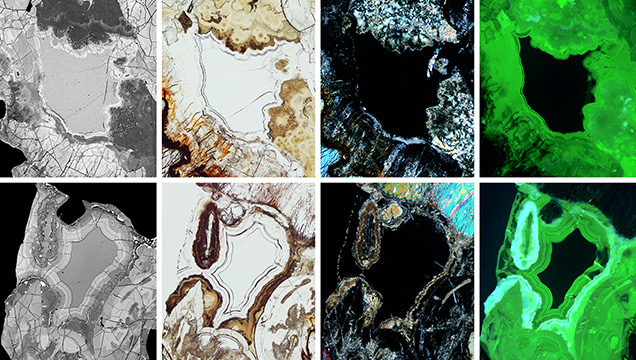 Heterogeneous alteration rims surrounding fresh metamict ekanite, with alteration rims emitting intense green, uranyl-related photoluminescence. Heterogeneous alteration rims surrounding fresh metamict ekanite, with alteration rims emitting intense green, uranyl-related photoluminescence.