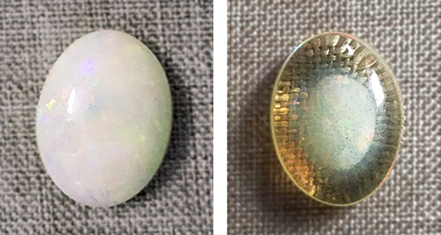 Figure 3. Left: The opal before treatment is semitranslucent white and shows a weak play-of-color. Right: After 36 hours of treatment, the opal becomes transparent light yellow, containing a white phantom. Photos by Le Ngoc Nang.