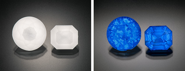 Figure 15. Two synthetic spinels before and after a diffusion experiment carried out at GIA in Carlsbad, California. The stones were faceted by Jessa Rizzo (GIA) and weigh 9.25 and 14.72 ct. Photos by Kevin Schumacher.