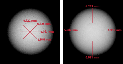 Figure 2. RTX images revealing the pearl’s internal structure. Left: Diameter of the bead in four directions. Right: The size of the nacre thickness measurements around the bead from its demarcation up to the outer nacre in four directions. Figure 2. RTX images revealing the pearl’s internal structure. Left: Diameter of the bead in four directions. Right: The size of the nacre thickness measurements around the bead from its demarcation up to the outer nacre in four directions.