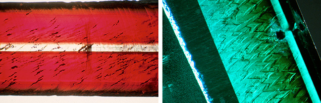 Figure 15. Left: A colorless seed crystal inclusion in a synthetic hydrothermal beryl. Right: A chevron pattern in a synthetic hydrothermal emerald. Photomicrographs by John I. Koivula.