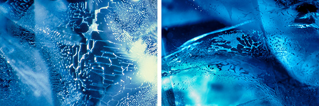 Figure 8. Images showing the similarity between fingerprints in some natural sapphires (left) and flux-healed fingerprints in some flux-grown synthetic sapphires (right), which could lead to confusion between the two. Photomicrographs by John I. Koivula.