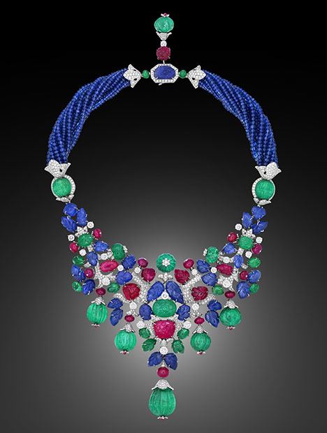 Figure 3. The “India” necklace from Cartier’s Tutti Frutti collection, featuring carved rubies, emeralds, sapphires, and diamonds, nearly doubled its upper presale estimate, garnering $8.7 million in Hong Kong. Courtesy of Christie’s Images Ltd. 2024.