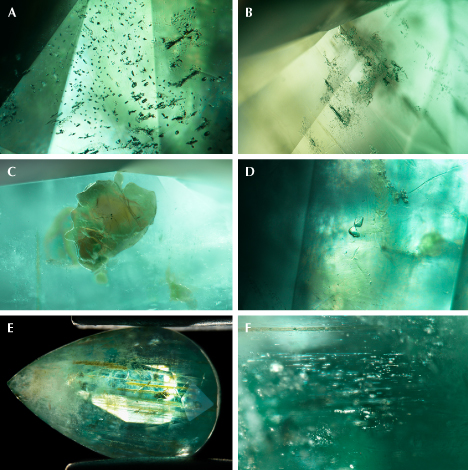Figure 3. A: A field of blocky two-phase fluid inclusions. B: Elongated two-phase fluid inclusions with large frosty rims. C: An irregularly shaped platy mica crystal. D: Two small, transparent, and colorless feldspar crystals. E: Large tubes filled with a foreign orangy material. F: A cluster of short parallel needles. Photomicrographs by Suwasan Wongchacree; fields of view 1.07 mm (A), 1.80 mm (B, C, and F), 1.20 mm (D), and 10.8 mm (E). Figure 3. A: A field of blocky two-phase fluid inclusions. B: Elongated two-phase fluid inclusions with large frosty rims. C: An irregularly shaped platy mica crystal. D: Two small, transparent, and colorless feldspar crystals. E: Large tubes filled with a foreign orangy material. F: A cluster of short parallel needles. Photomicrographs by Suwasan Wongchacree; fields of view 1.07 mm (A), 1.80 mm (B, C, and F), 1.20 mm (D), and 10.8 mm (E).