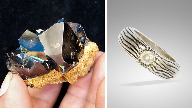 Figure 1. Left: A gem-quality cassiterite crystal, measuring 3.9 cm in length, in greisen matrix from the Yunling deposit. Photo by Yongming Shi. Right: This sterling silver ring features a Yunling cassiterite measuring 6 mm in diameter. Photo by Wenqing Huang. Figure 1. Left: A gem-quality cassiterite crystal, measuring 3.9 cm in length, in greisen matrix from the Yunling deposit. Photo by Yongming Shi. Right: This sterling silver ring features a Yunling cassiterite measuring 6 mm in diameter. Photo by Wenqing Huang.