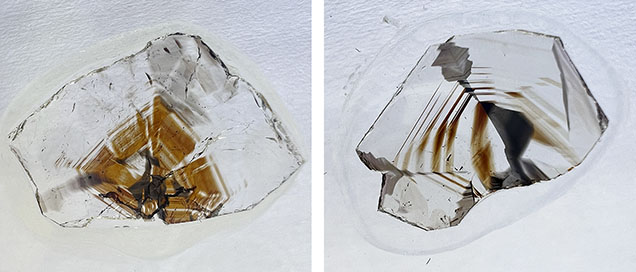 Figure 8. Alternating brown color bands and gray-black domains are relatively common in Yunling cassiterite, as shown in these two thin sections, measuring 1.81 × 1.21 cm (left) and 1.62 × 1.16 cm (right). Photos by Wenqing Huang. Figure 8. Alternating brown color bands and gray-black domains are relatively common in Yunling cassiterite, as shown in these two thin sections, measuring 1.81 × 1.21 cm (left) and 1.62 × 1.16 cm (right). Photos by Wenqing Huang.