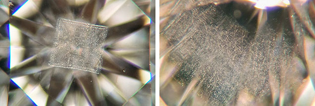 Left: Table-up view of a 0.34 ct round brilliant with SI2 clarity possessing a square-shaped cloud; field of view ~2.9 mm. Right: When viewed through the pavilion, the cloud feature appears much less ordered; field of view ~1.6 mm. Photomicrographs by Deepak Raj. Left: Table-up view of a 0.34 ct round brilliant with SI2 clarity possessing a square-shaped cloud; field of view ~2.9 mm. Right: When viewed through the pavilion, the cloud feature appears much less ordered; field of view ~1.6 mm. Photomicrographs by Deepak Raj.