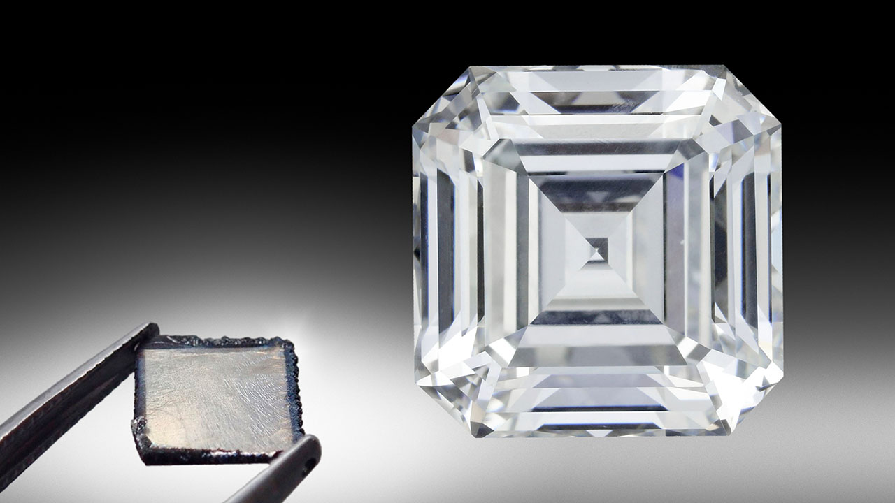 Figure 1. This 10.02 ct E-color, VS1-clarity emerald-cut diamond is an example of the great strides made in HPHT growth technology in the past two decades, as laboratory-grown diamonds have become an important sector of the gem diamond market. Photo by Johnny Leung. The as-grown CVD diamond plate (1.24 ct, 8.41 × 8.60 × 1.26 mm) was manufactured by GIA at its New Jersey research facility. Photo by Adrian Chan.