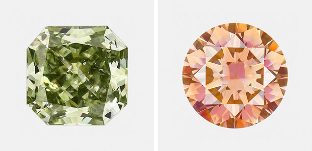 Figure 15. Left: A 0.42 ct Fancy Deep green HPHT-grown diamond that owes its color to high amounts of nickel doping (Johnson and Myagkaya, 2017). Right: A 2.20 ct Fancy Deep brownish orange treated HPHT-grown diamond with different defect concentrations created in the various growth sectors. Photos by Jian Xin (Jae) Liao (left) and Diego Sanchez (right). Figure 15. Left: A 0.42 ct Fancy Deep green HPHT-grown diamond that owes its color to high amounts of nickel doping (Johnson and Myagkaya, 2017). Right: A 2.20 ct Fancy Deep brownish orange treated HPHT-grown diamond with different defect concentrations created in the various growth sectors. Photos by Jian Xin (Jae) Liao (left) and Diego Sanchez (right).