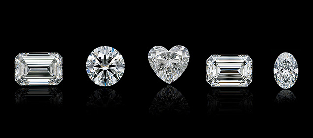 Figure 18. Large laboratory-grown diamonds such as these CVD-grown diamonds have become increasingly common the last few years. From left: a 12.06 ct G-color, VS2 emerald cut; an 11.36 ct E-color, SI1 round brilliant; a 10.42 ct G-color, VS2 heart brilliant; a 10.19 ct F-color, VS2 emerald cut; and a 9.52 ct E-color, VS2 oval brilliant. Photos by Gaurav Bera. Figure 18. Large laboratory-grown diamonds such as these CVD-grown diamonds have become increasingly common the last few years. From left: a 12.06 ct G-color, VS2 emerald cut; an 11.36 ct E-color, SI1 round brilliant; a 10.42 ct G-color, VS2 heart brilliant; a 10.19 ct F-color, VS2 emerald cut; and a 9.52 ct E-color, VS2 oval brilliant. Photos by Gaurav Bera.