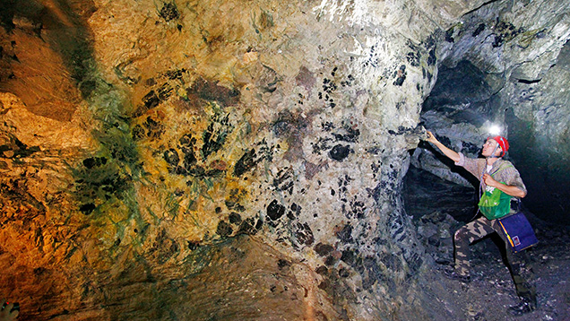 Figure 6. Underground exposure of the Dada pegmatite at the Pederneira mine near Governador Valadares, Minas Gerais, Brazil, showing black crystals of schorl tourmaline along with other minerals. Photo by Andrea Dini; courtesy of Federico Pezzotta.