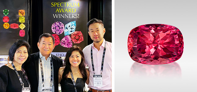 Figure 1. Ben Kho (second from left) fashioned this 12.88 ct Portuguese cushion-cut rhodochrosite from Colorado’s Sweet Home mine (right) to win both the 2024 AGTA Cutting Edge Buyer’s Choice Award and second place in the North American Gemstones category. Photo by Jeff Mason Photography (right); courtesy of Ben Kho.