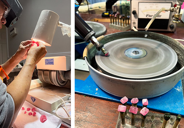 Figure 3. Converting a parcel of rhodochrosite rough into finished gems, from inspecting and grinding the rough (left) to the preformed and dopped rough (right). Courtesy of Ben Kho.