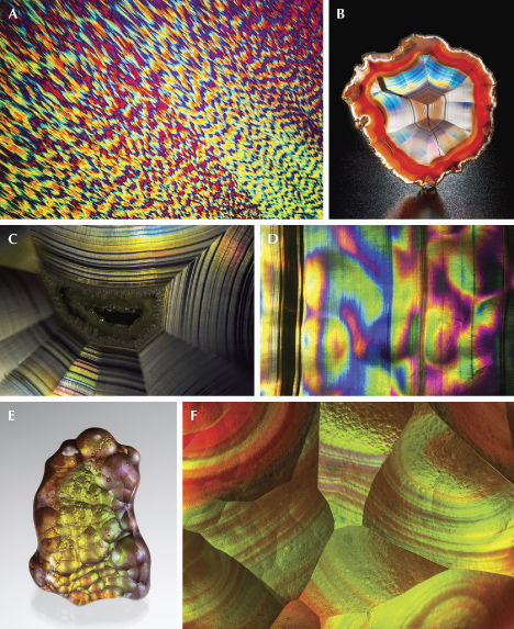 Figure 35. A: A thin section of iris agate under cross-polarized light (lambda plate inserted) showing a Runzelbänderung pattern. B: An iris agate slice from Mexico; courtesy of Si and Ann Frazier. C: Iris agate banding. D: Iris agate banding with patchy play-of-color. E: A 48.04 ct botryoidal fire agate from the U.S. state of Arizona; courtesy of Larry Woods, GIA Museum no. 37742. F: Iridescent surface of a botryoidal fire agate showing concentric patterns. Photos by Nathan Renfro (A, C, D, and F) and Robert Weldon (B and E); fields of view 32 mm (C), 15.67 mm (D), and 6.87 mm (F).