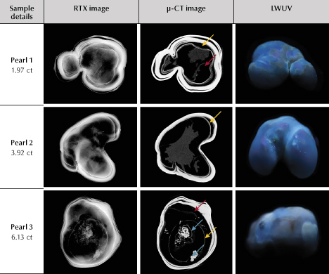 Figure 2. RTX and μ-CT images and long-wave ultraviolet reaction of the three natural hollow pearls. The dark organic-rich voids are marked with red arrows, the white walls are marked with yellow arrows, and the aggregates in pearl 3 are marked with blue arrows. Photos by Gaurav Bera. Figure 2. RTX and μ-CT images and long-wave ultraviolet reaction of the three natural hollow pearls. The dark organic-rich voids are marked with red arrows, the white walls are marked with yellow arrows, and the aggregates in pearl 3 are marked with blue arrows. Photos by Gaurav Bera.
