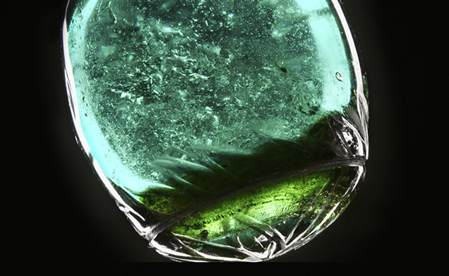 Figure 2. The assemblage appears as two carved pieces attached to the setting with a green cement. Colorless gas bubbles can be observed, an indication that this piece is not what it seems. Photomicrograph by Ezgi Kiyak; field of view 21.2 mm.