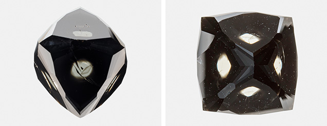Figure 2. As seen from each main facet, this 13.89 ct natural diamond displays black cloud inclusion sectors with clear openings in the center. Photos by Annie Hayes. Figure 2. As seen from each main facet, this 13.89 ct natural diamond displays black cloud inclusion sectors with clear openings in the center. Photos by Annie Hayes.