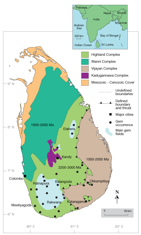 Map of gem deposit areas in Sri Lanka