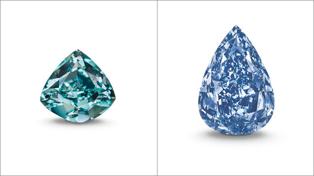 The 5.5 ct Ocean Dream, left, a Fancy Vivid blue-green diamond, sold for $1.4 million per carat, a record for a diamond of that color. The 13.22 ct Winston Blue, right, graded by GIA, sold for $1.8 million per carat, the highest price ever paid for a Fancy Vivid blue diamond of flawless clarity. Photo courtesy of Christie’s. The 5.5 ct Ocean Dream, left, a Fancy Vivid blue-green diamond, sold for $1.4 million per carat, a record for a diamond of that color. The 13.22 ct Winston Blue, right, graded by GIA, sold for $1.8 million per carat, the highest price ever paid for a Fancy Vivid blue diamond of flawless clarity. Photo courtesy of Christie’s.