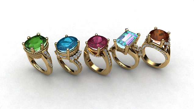 Computer renderings of gold rings designed by Tyler Abe in the JDT class using tourmalines from the GIA Museum. Computer renderings of gold rings designed by Tyler Abe in the JDT class using tourmalines from the GIA Museum.