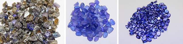 Tanzanite rough, preforms, and calibrated finished stones Tanzanite rough, preforms, and calibrated finished stones