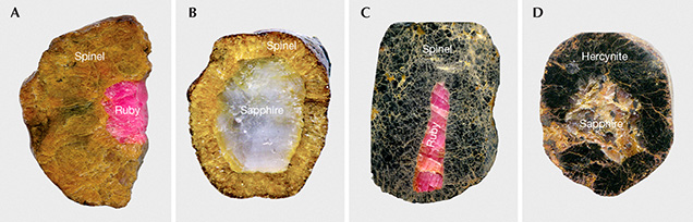 Samples of corundum with spinel corona Samples of corundum with spinel corona