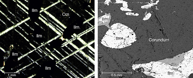 Ilmenite inclusions in corundum core Ilmenite inclusions in corundum core