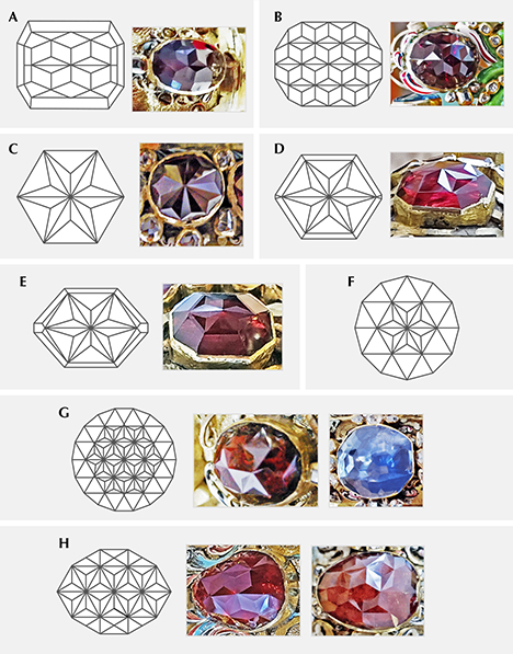 Rose cuts with central rhombuses forming a six-rayed star that can be split along one direction Rose cuts with central rhombuses forming a six-rayed star that can be split along one direction